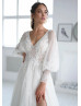 Long Sleeves Ivory Lace Tulle Slit Airy Wedding Dress